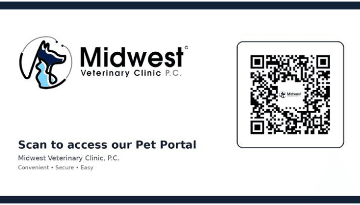 Midwest Veterinary Clinic Pet Portal QR code for booking appointments and requesting medication refills.